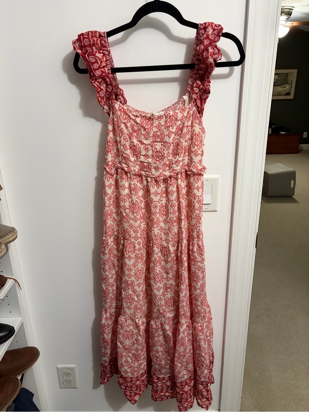 Red Printed Midi Dress with Ruffled Straps
